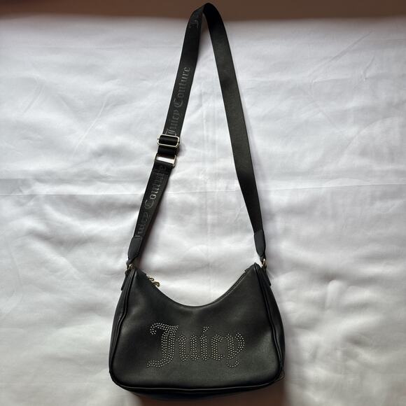 Juicy Couture Black Crossbody Bag Rhinestone Logo Adjustable Designer Minimal - Picture 2 of 8